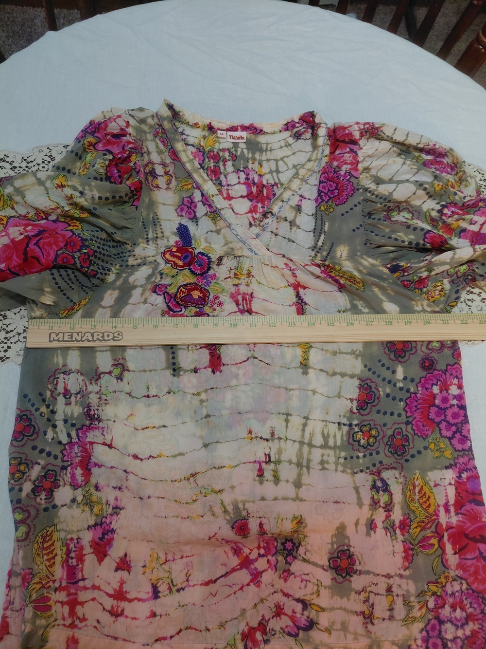 EUC Sz M Tianello Multicolor Floral Boho Tie Dye Embroidered Peasant - Picture 9 of 11